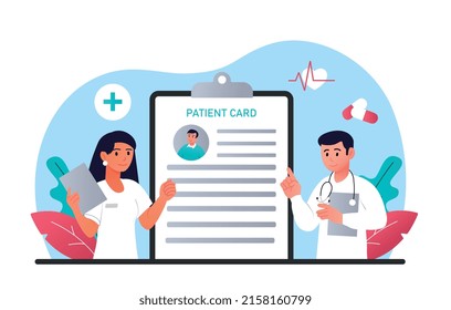 Patient card concept. Man and girl look at symptoms. Doctors make diagnosis and choose optimal method of treatment. Health care and medicines, team of therapists. Cartoon flat vector illustration