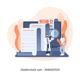 Tarjeta de paciente. Ilustración vectorial de diseño plano. Tarjeta de paciente con personas y elementos. Atención de la salud. Infografía médica.