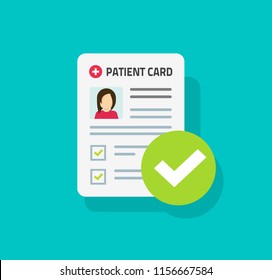 Patient card or medical form list with results data and approved check mark vector illustration, flat cartoon clinical checklist document report with checkbox, insurance or prescription record