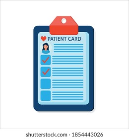 Patient card vector illustration, flat cartoon medical records document with patient data or information on table top view, idea of doctor work desk, diagnosis analyze, investigation, medical research