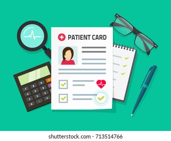 Patient card vector illustration, flat cartoon medical records document with patient data or information on table top view, idea of doctor work desk, diagnosis analyze, investigation, medical research