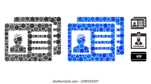 Patient cards composition of round dots in variable sizes and color tones, based on patient cards icon. Vector circle elements are combined into blue mosaic.