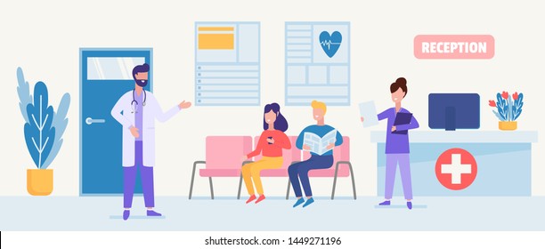 Patient Care and clinical services. Illustration of medical care with characters of certified doctors, nurses in a hospital reception. Patients at the doctor consultation, clinic interior.