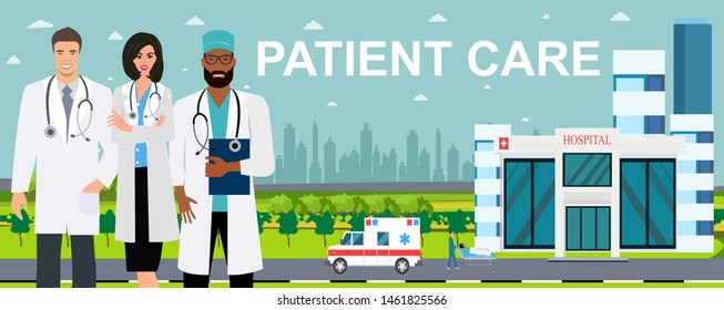 Patient care concept. Vector of doctor team standing on a hospital building, ambulance car background 