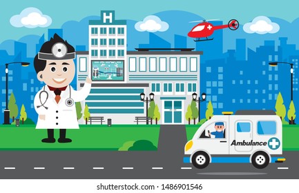 Patient care concept. Vector of doctor team standing by hospital building  ambulance car background