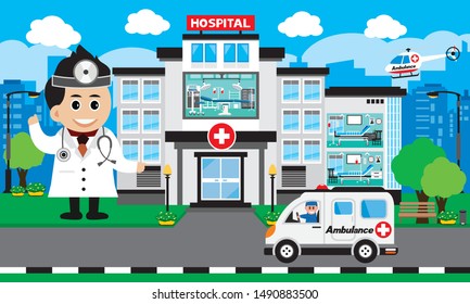 Patient care concept. Vector of doctor team standing on a hospital building, ambulance car background.