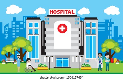 Patient care concept. Vector of doctor team standing on a hospital building, ambulance car background