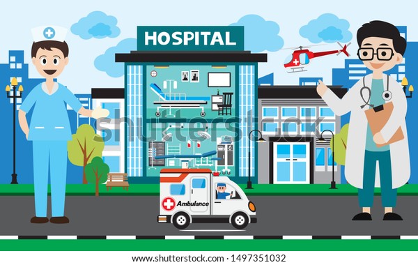 Patient care\
concept. Vector of doctor team standing on a hospital building,\
ambulance car\
background\
