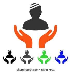 Patient Care Hands flat vector illustration. Colored patient care hands gray, black, blue, green icon versions. Flat icon style for graphic design.