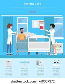 Patient care services visualization with nurses taking care after patient on hospital bed. Vector illustration with medics in clinic room