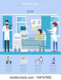 Patient care visualization with doctor and nurse taking care after woman patient sitting on hospital bed. Vector illustration of clinic room on blue background