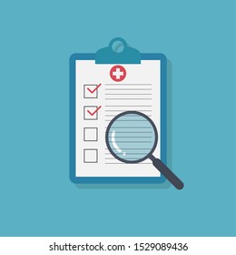 Patient Case Study Or Diagnosis Concept With Medical Report And Magnifying Glass Sign Symbol. Flat Vector Illustration.