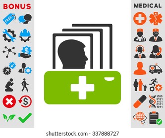 Patient Catalog vector icon with bonus. Style is bicolor flat symbol, eco green and gray colors, rounded angles, white background.