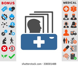 Patient Catalog vector icon with bonus. Style is bicolor flat symbol, cobalt and gray colors, rounded angles, white background.