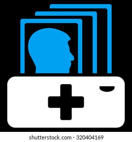 Patient Catalog vector icon. Style is bicolor flat symbol, blue and white colors, rounded angles, black background.