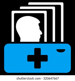 Patient Catalog vector icon. Style is bicolor flat symbol, blue and white colors, rounded angles, black background.