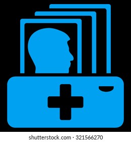 Patient Catalog vector icon. Style is flat symbol, blue color, rounded angles, black background.