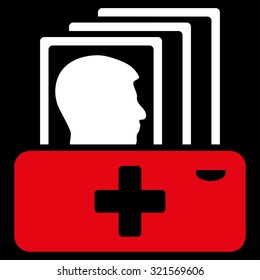 Patient Catalog vector icon. Style is bicolor flat symbol, red and white colors, rounded angles, black background.