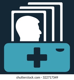 Patient Catalog vector icon. Style is bicolor flat symbol, blue and white colors, rounded angles, dark blue background.