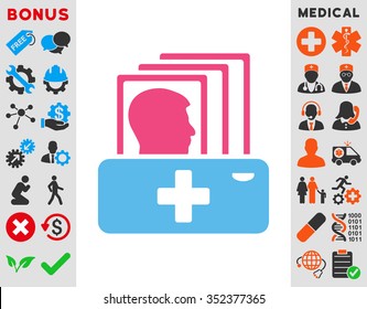 Patient Catalog vector icon. Style is bicolor flat symbol, pink and blue colors, rounded angles, white background.
