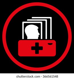 Patient Catalog vector icon. Style is bicolor flat circled symbol, red and white colors, rounded angles, black background.