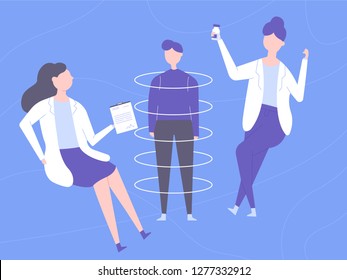 The patient is in the center, around the doctor and nurse. Diagnose the disease and treat the person. The medicine. Vector illustration on blue background.