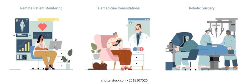 Conjunto de cuidado centrado en el paciente. Monitoreo remoto, consultas de telemedicina y cirugía robótica en la atención médica moderna. Tecnología integrada para la Asistencia y el confort del paciente. Ilustración vectorial.