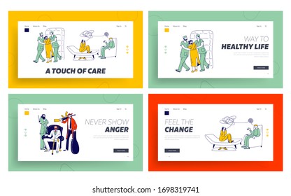 Patientencharakter in der Zwangsjacke in Asyl, Mafia Band Mental Health Clinic Landing Page Template Set. Madhouse mit Bett, weiche Wände, Arzt und geordnet, Kriminelle. Illustration zur Vektorillustration von Linearen Menschen
