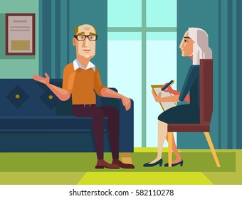 Patient character talking to psychologist about problems. Vector flat cartoon illustration