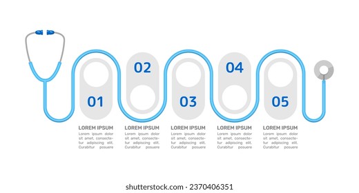 Plantilla de diseño de gráfico de infografía azul para chequeos de pacientes. Examen hospitalario. Resumen de infografía vectorial con espacios de copia en blanco. Gráficos instructivos con secuencia de 5 pasos. Presentación de datos visuales