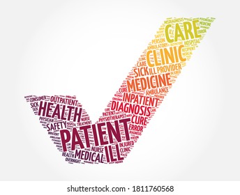 Patient check mark word cloud collage, health concept background