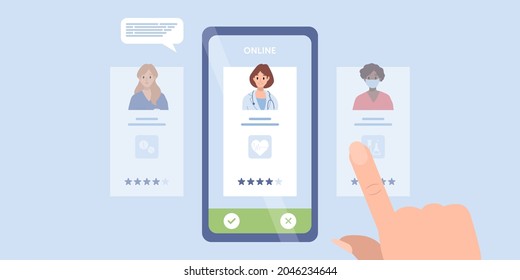 Patient chooses family doctor, doctors team medical staff portraits. Online searching therapist via internet site. Mobile app to find a specialist, medical insurance, telemedicine. For banner, flyer