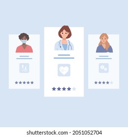 Patient chooses family doctor, doctors team medical staff portraits. Online searching therapist via internet site. Mobile app to find a specialist, medical insurance, telemedicine. For banner, flyer