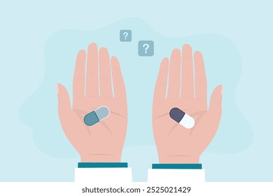 Patient chooses which medicine to take. Choosing between strong antibiotic and soft medicine, treatment. Human hands holding drugs. Flat vector cartoon illustration