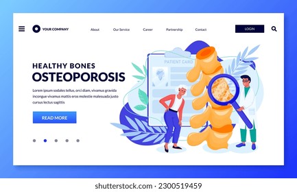 Patient complains about backache. Doctor do check up to elderly female and diagnostics spine bones. Vector flat cartoon illustration. Consultation of osteopath, osteoporosis symptoms concept