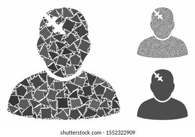 Patient composition of humpy parts in different sizes and color tinges, based on patient icon. Vector rough parts are grouped into collage. Patient icons collage with dotted pattern.