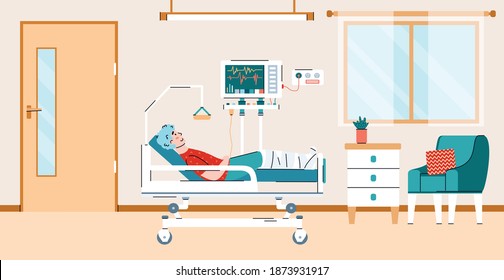 Patient connected to equipment monitors in a hospital ward, flat cartoon vector illustration. Hospital room with patient lying on bed and getting treatment.