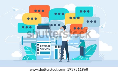 The patient is considering whether to be vaccinated. Doubts, opinions of different people. The vaccine in a vial and a syringe. The risk is associated with Covid-19. Vector illustration.