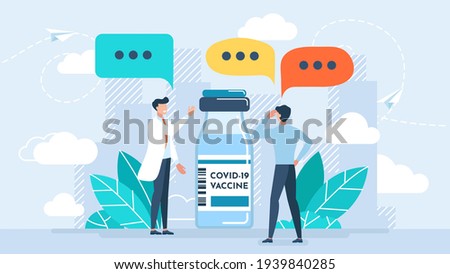 The patient is considering whether to be vaccinated. Doubts, opinions of different people. The doctor convinces of the need for a vaccine. The risk is associated with Covid-19. Vector illustration.