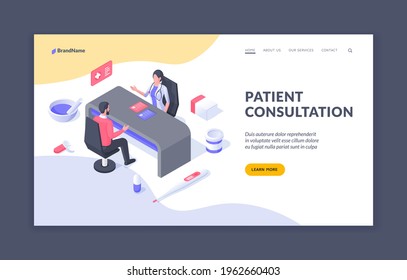 Patientenberatung. Gestaltung der Webseite mit Informationen über den Service für Patienten zu erhalten ärztliche Beratung durch den Arzt. Isometrischer Webbanner, Vorlage für die Zielseite