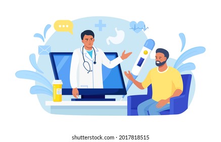 Patient consultation to the doctor by computer. Family physician with stethoscope on the laptop screen. Online medical support. Online doctor. Healthcare services. Ask doctor. Vector illustration