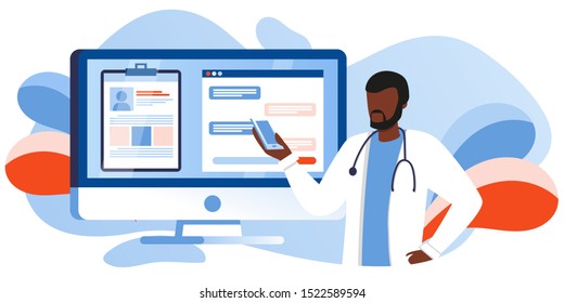 Patient consultation to the doctor via computer, phone. Online medical support. Online doctor. Healthcare services, Ask a doctor. Family Therapist with stethoscope. Medical file and chat on screen