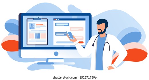 Patient consultation to the doctor via computer, phone. Online medical support. Online doctor. Healthcare services, Ask a doctor. Family Therapist with stethoscope. Medical file and chat on screen