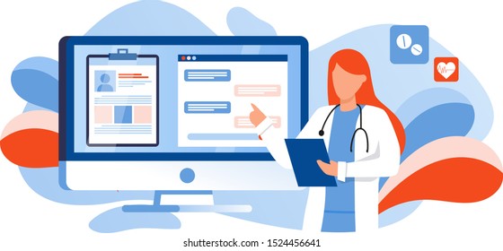 Patient consultation to the doctor via computer, phone. Online medical support. Online doctor. Healthcare services, Ask a doctor. Family Therapist with stethoscope. Medical file and chat on screen