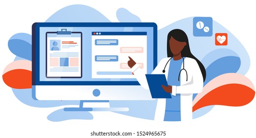 Patient consultation to the doctor via computer, phone. Online medical support. Online doctor. Healthcare services, Ask a doctor. Family Therapist with stethoscope. Medical file and chat on screen