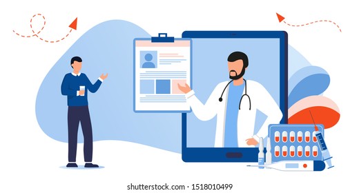 Patient Consultation To The Doctor Via Internet. Online Medical Support. Healthcare Services, Ask A Doctor. Urologist, Therapist With Stethoscope On The Screen Talking With Patient About Medical File