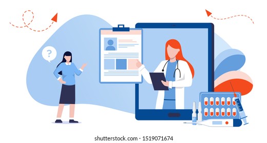 Patient Consultation To The Doctor Via Internet. Online Medical Support. Online Therapist. Healthcare Services, Ask A Doctor. Family Female Doctor, Gynecologist With Stethoscope On The Tablet Screen