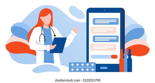 Patient consultation to the doctor via smartphone. Online medical support. Online doctor. Healthcare services, Ask a doctor. Family female doctor, gynecologist with stethoscope on the messenger screen