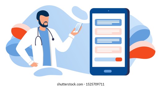 Patient consultation to the doctor via smartphone. Online medical support. Online doctor. Healthcare services, Ask a doctor. Family doctor, urologist with stethoscope on the messenger screen