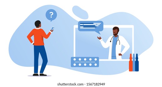 Patient consultation to the doctor via smartphone web app. Online medical support. Online doctor. Healthcare services, Ask a doctor. Family doctor with stethoscope on the screen, urologist, cardiology